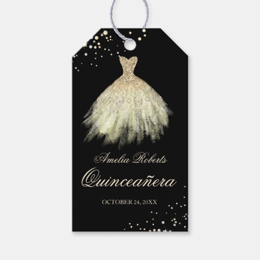 Zwart Goud Sparkle Jurk Quinceanera Labels Cadeaulabel (Voorkant)