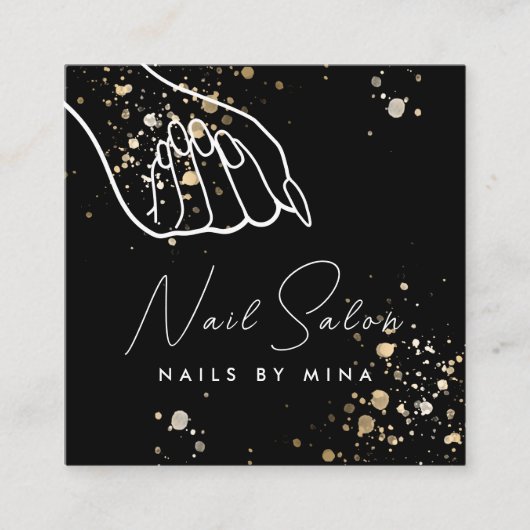Zwart Goud Specks Hand Nail Salon Vierkante Visitekaartje (Voorkant)