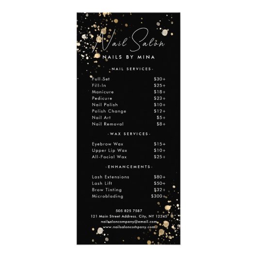 Zwart Goud Specks Nail Salon Prijs Lijst Reclamekaart (Voorkant)