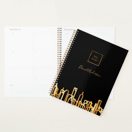 Zwart goud stad skyline business logo onroerend go planner