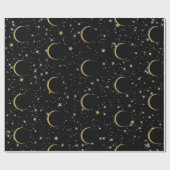 Zwart Goud Sterren Maan Magic Verjaardagsfeest Cadeaupapier (Vlak)