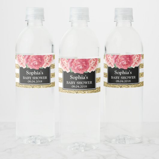 Zwart Goud Strepen Roze Bloemen Baby shower Waterfles Etiket (Flessen)
