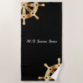 Zwart goud stuurwielen jacht boot naam strandlaken (Voorkant)