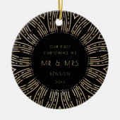 Zwart & Goud Sunburst Art Deco Onze eerste kerst Keramisch Ornament (Voorkant)