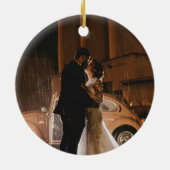 Zwart & Goud Sunburst Art Deco Onze eerste kerst Keramisch Ornament (Achterkant)