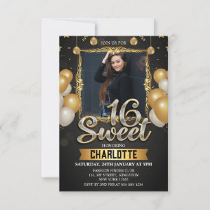 Zwart & Goud Sweet 16 Foto Glitter Ballon Kaart
