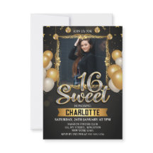 Zwart & Goud Sweet 16 foto Glitter Balloon