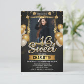 Zwart & Goud Sweet 16 foto Glitter Balloon Kaart (Staand voorkant)