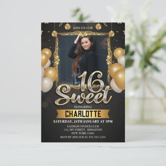 Zwart & Goud Sweet 16 foto Glitter Balloon Kaart (Staand voorkant)
