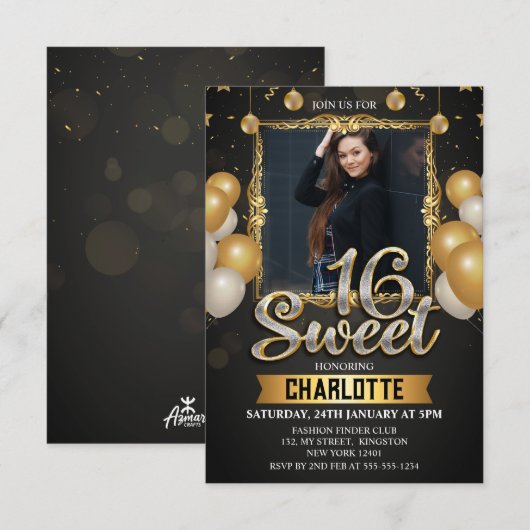 Zwart & Goud Sweet 16 foto Glitter Balloon Kaart (Voorkant / Achterkant)