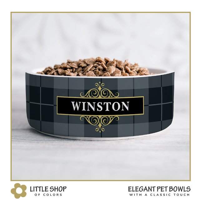 Zwart Goud Tartan Plaid Gepersonaliseerd Voerbakje (Creator heeft geüpload)