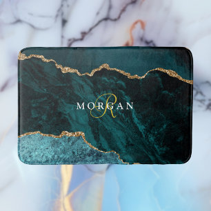 Zwart Goud & Teal Agate, Gouden Monogram & Naam Badmat