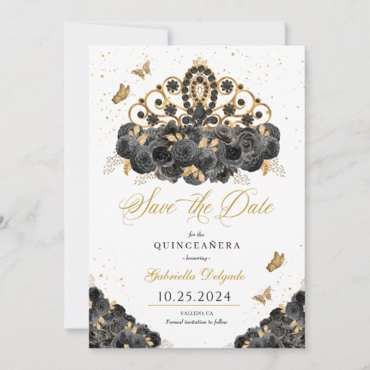 Zwart & Goud Tiara Bewaar de datum Quinceañera Kaart (Voorkant)