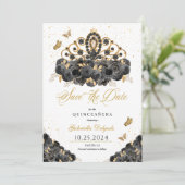 Zwart & Goud Tiara Bewaar de datum Quinceañera Kaart (Staand voorkant)