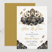 Zwart & Goud Tiara Bewaar de datum Quinceañera Kaart (Voorkant / Achterkant)