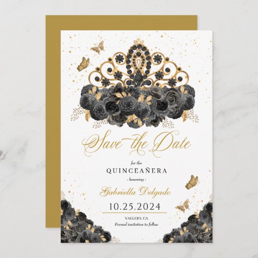 Zwart & Goud Tiara Bewaar de datum Quinceañera Kaart (Voorkant / Achterkant)