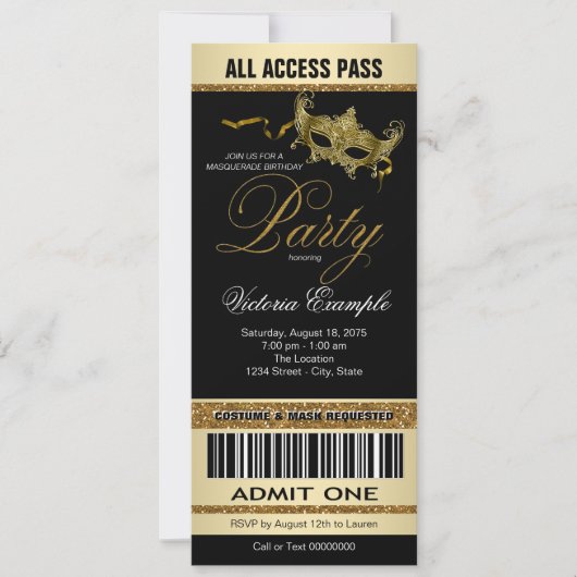 Zwart Goud Ticket Stijl Masquerade Party Kaart (Voorkant)