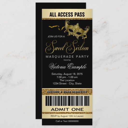 Zwart Goud Ticket Stijl Sweet 16 Masquerade Party Kaart (Voorkant / Achterkant)