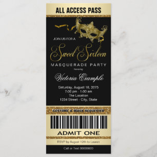 Zwart Goud Ticket Stijl Sweet 16 Masquerade Party Kaart