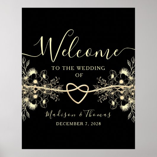 Zwart Goud Touw Hart Wedding Welkom Teken Poster (Voorkant)