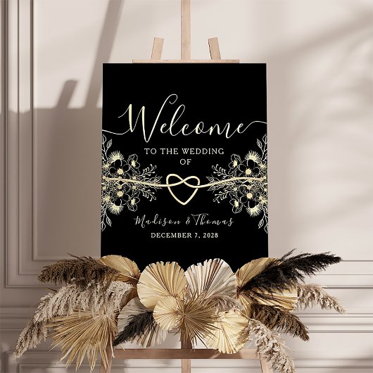 Zwart Goud Touw Hart Wedding Welkom Teken Poster