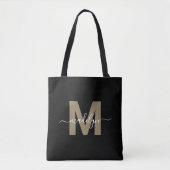 Zwart Goud Trendy Modern Script Naam Monogram Tote Bag (Voorkant)