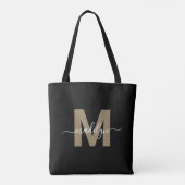 Zwart Goud Trendy Modern Script Naam Monogram Tote Bag (Achterkant)