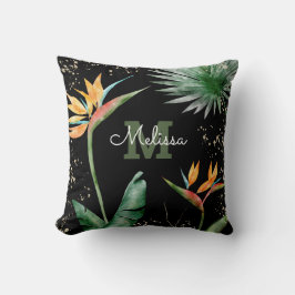 Zwart Goud Tropisch Eiland Bloemen Monogram Script Kussen