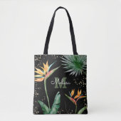 Zwart Goud Tropisch Eiland Bloemen Monogram Script Tote Bag (Voorkant)