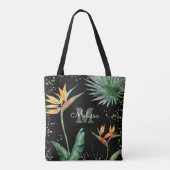 Zwart Goud Tropisch Eiland Bloemen Monogram Script Tote Bag (Achterkant)