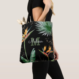 Zwart Goud Tropisch Eiland Bloemen Monogram Script Tote Bag
