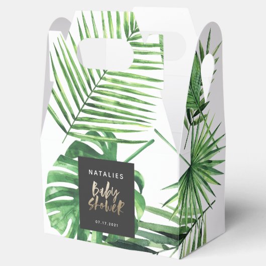 Zwart goud tropisch gebladerte modern baby shower bedankdoosjes (Geopend)