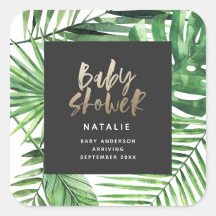 Zwart goud tropisch gebladerte modern baby shower vierkante sticker