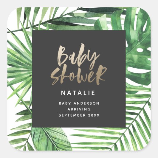 Zwart goud tropisch gebladerte modern baby shower vierkante sticker (Voorkant)