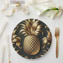 Zwart & Goud Tropische Ananas Luxe Trouwfeest Papieren Bordje