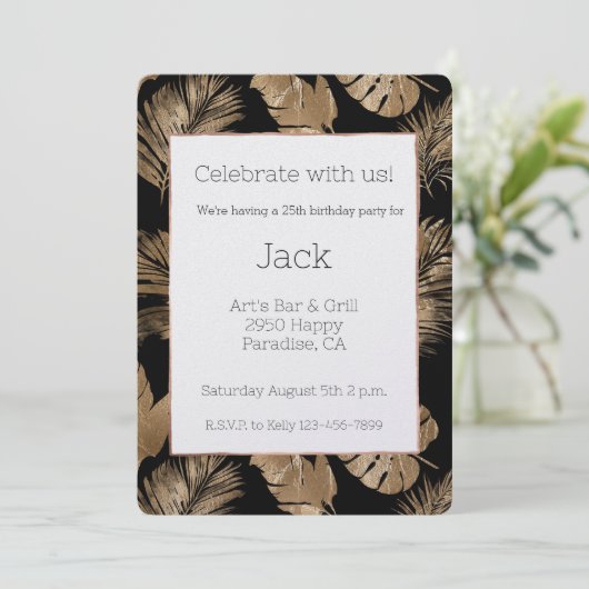 Zwart Goud Tropische Bladeren Verjaardag Kaart (Staand voorkant)
