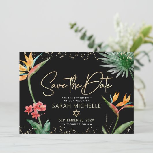 Zwart Goud Tropische Vleermuis Mitswa Bloemenpalm Save The Date (Staand voorkant)