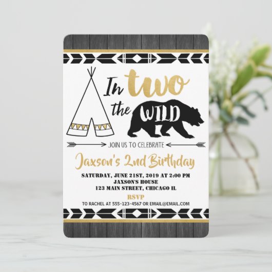 zwart goud twee wild 2e verjaardag uitnodiging (Staand voorkant)