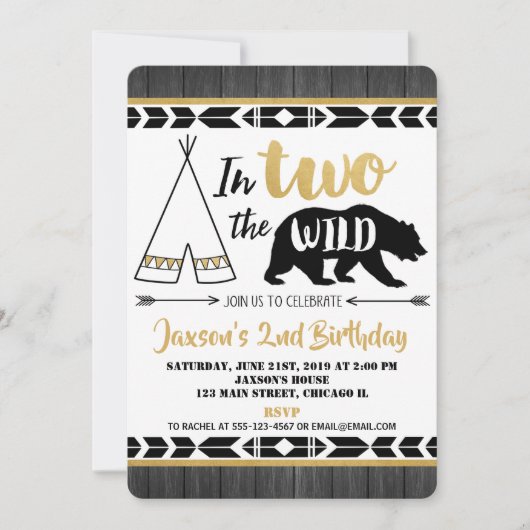 zwart goud twee wild 2e verjaardag uitnodiging (Voorkant)