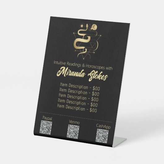 Zwart & Goud Twin Slangen Gothic Tarot Prijslijst Reclamebord Met Voetstuk (Voorkant)