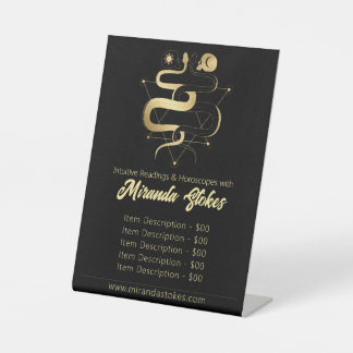 Zwart & Goud Twin Slangen Gothic Tarot Prijslijst Reclamebord Met Voetstuk