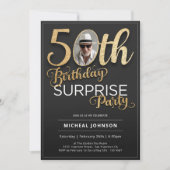 Zwart Goud Typografie Foto Verrassing 50ste Verjaa Kaart (Voorkant)