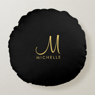 Zwart & Goud Typografie Monogram Naam Sjabloon Rond Kussen