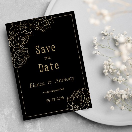Zwart goud typografie pioen luxe Save the Date Kaart
