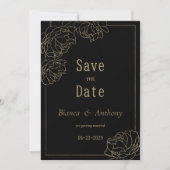 Zwart goud typografie pioen luxe Save the Date Kaart (Voorkant)