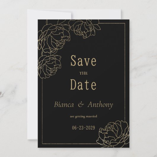 Zwart goud typografie pioen luxe Save the Date Kaart (Voorkant)