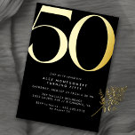 Zwart   Goud | Unisex Mannen of Vrouwen 50e Verjaa Folie Uitnodiging<br><div class="desc">Moderne 50ste verjaardagsuitnodigingen met een grote kop "50" in echte metallic folie. De gegevens van uw evenement worden hieronder in mat wit lettertype afgedrukt. Contrasterende gold-on-black voor een strak,  genderneutraal ontwerp.</div>
