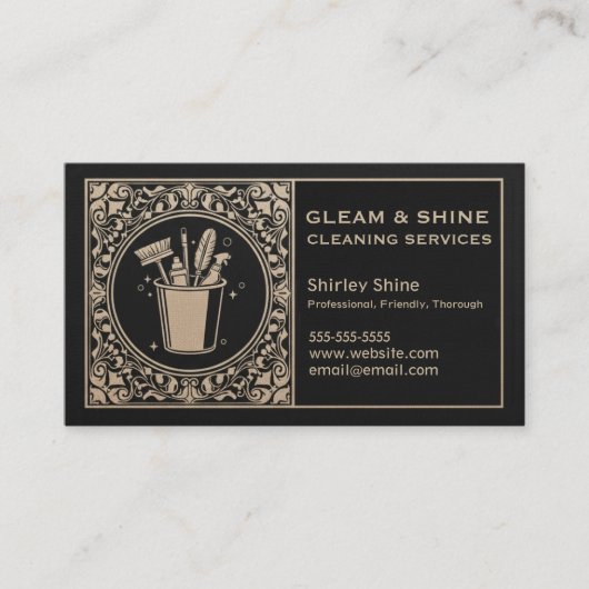 Zwart & Goud Unisex Schoonmaakservice Visitekaartje (Voorkant)