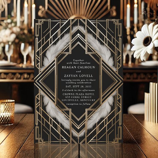  Zwart Goud Veer Art Deco Wedding Kaart