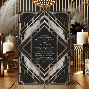  Zwart Goud Veer Art Deco Wedding Kaart
